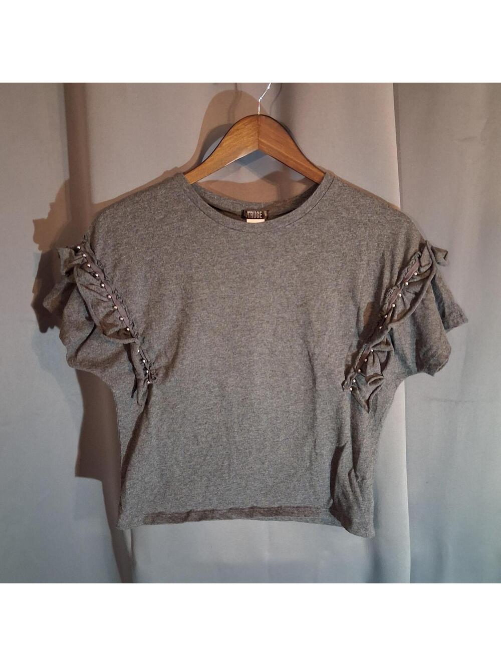 Truce Gray Short Sleeve Ruffle Top with Beaded Detail
